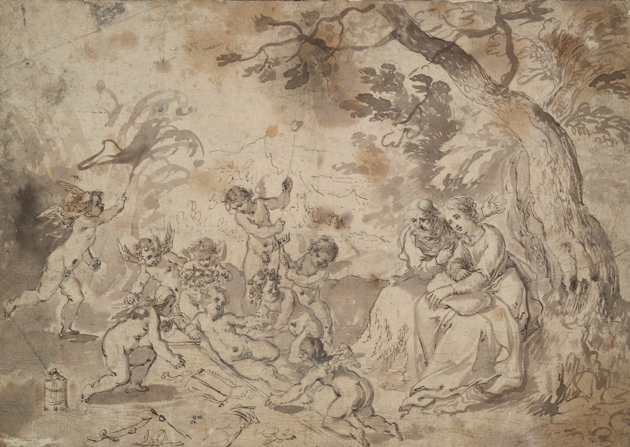 Szűz Mária és Szent József és a Gyermek Krisztus, Szent János és a szenvedés hangszereivel játszó angyalok alkotó: Jan Brueghel the Elder