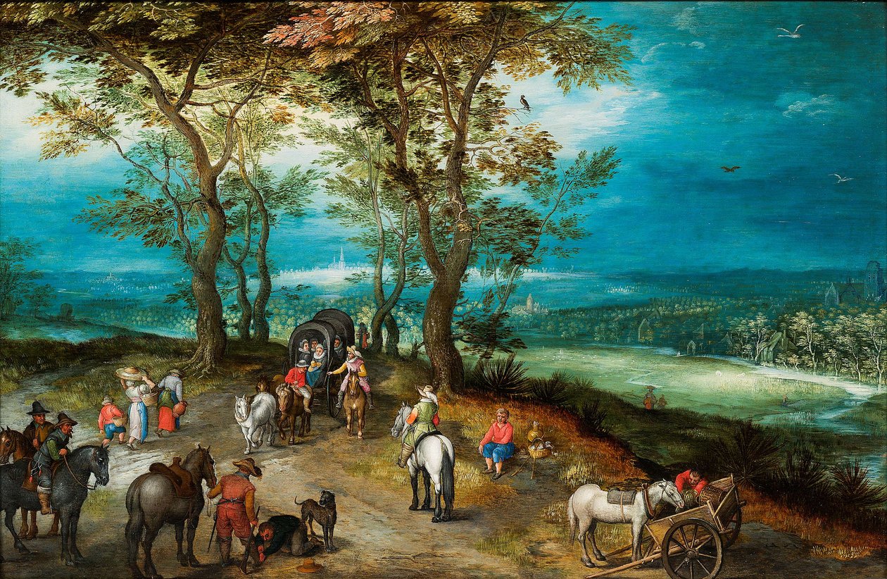 Kiterjedt tájkép lovas szekérrel és utazókkal az úton alkotó: Jan Brueghel the Younger