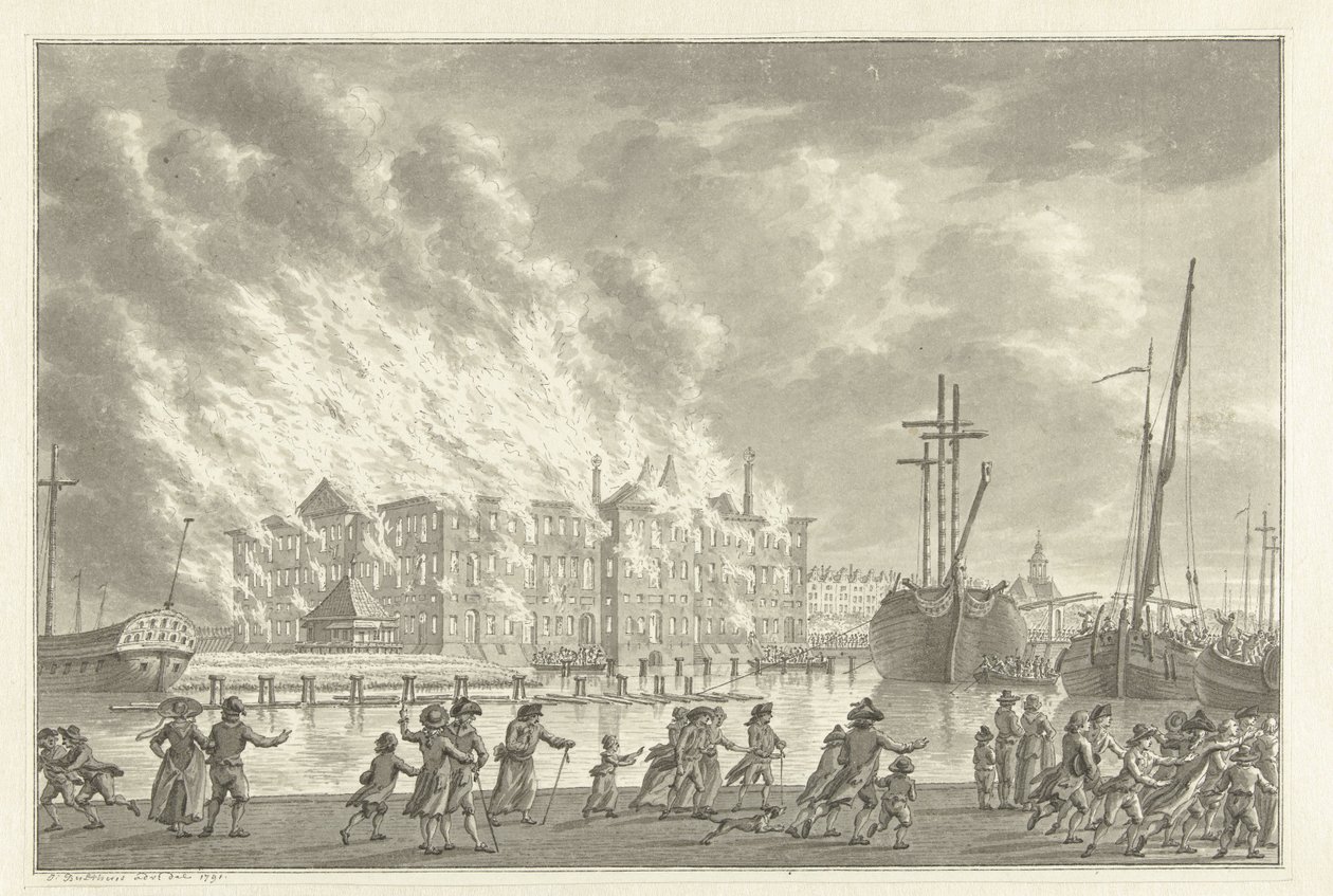 Tűz a földeken Zeemagazijn, 1791 alkotó: Jan Bulthuis (signed by artist)