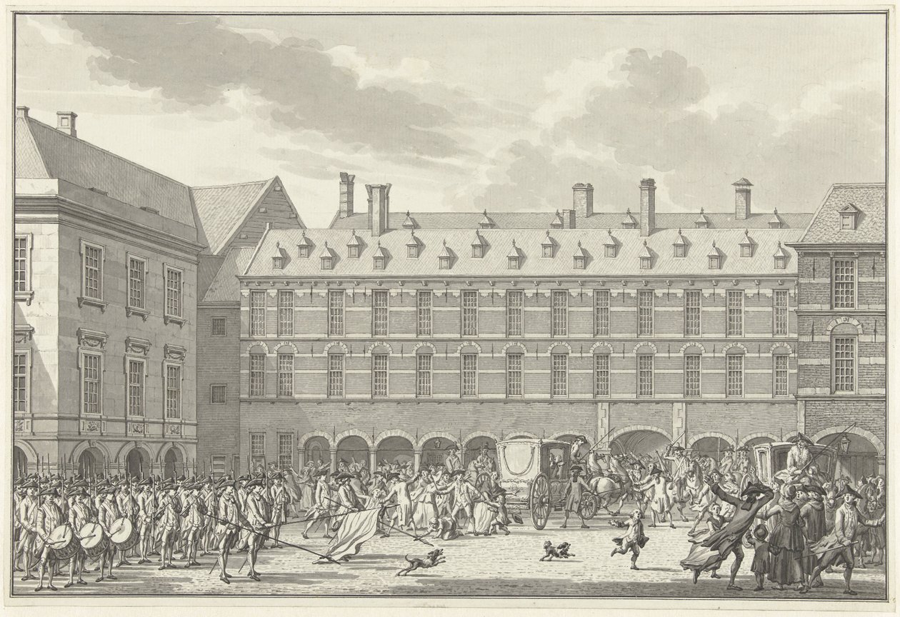 Zavarok, amikor Dordrecht képviselői áthajtanak a Stadhouderspoorton a Binnenhofon, 1786 alkotó: Jan Bulthuis
