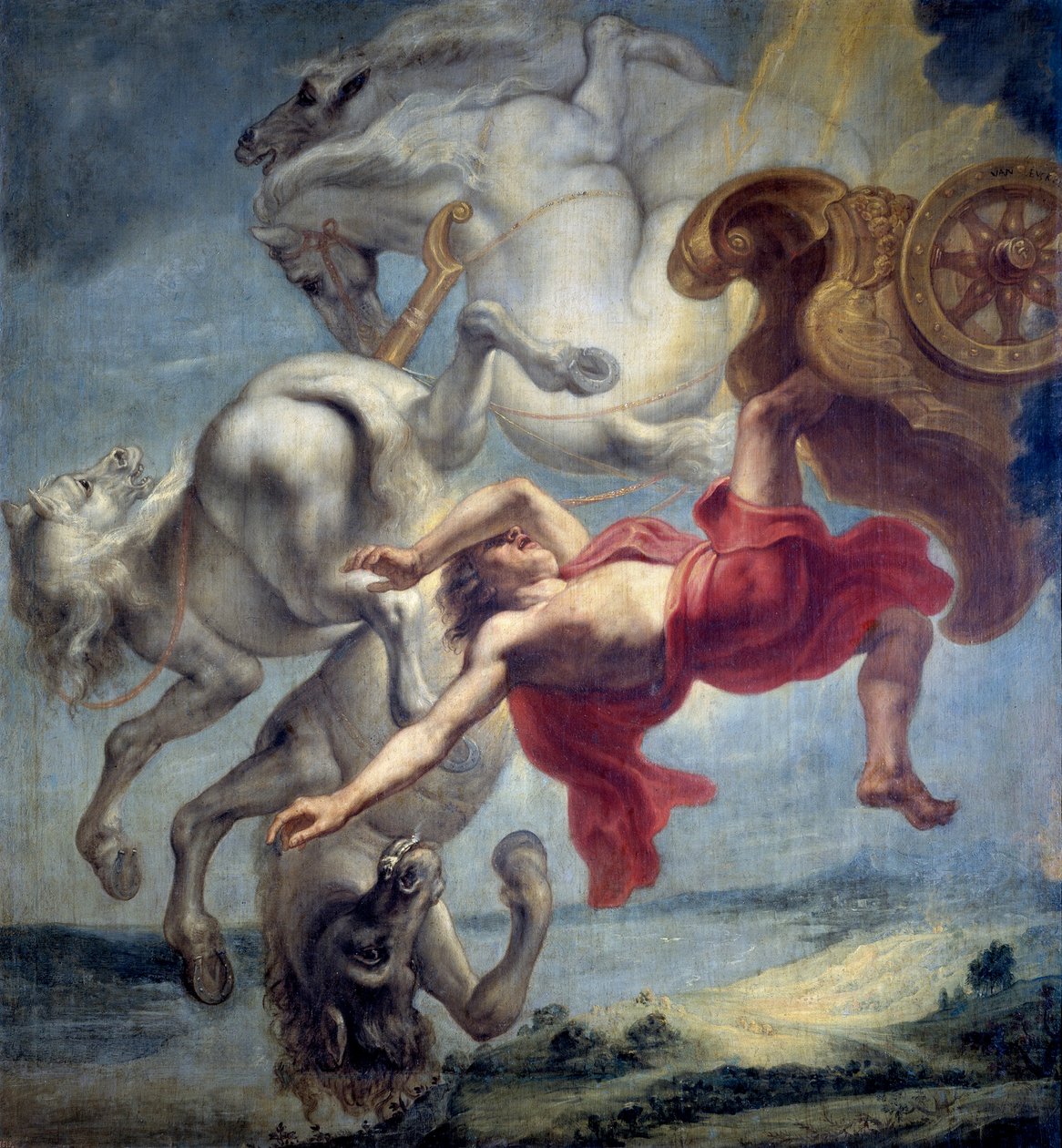 Phaeton bukása: nem tudja irányítani Helios szekerét, Phaetont (Phaethon) leüti Zeusz, és az Eridan folyóba esik (Phaeton bukása) – Jan Carel van Eyck festménye (1649-1690 körül), Olaj vászon, 17. század vége, Méret: 197x18 alkotó: Jan Carel van Eyck