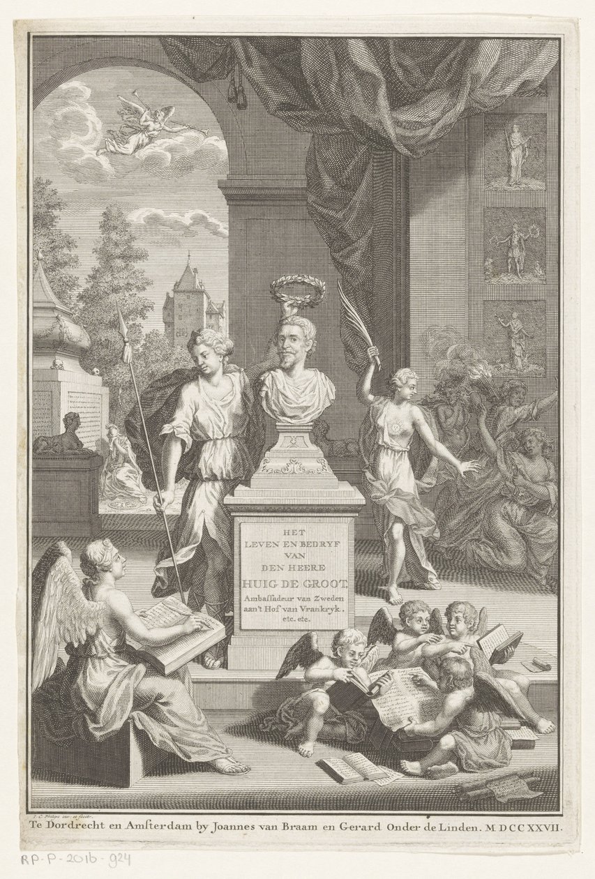 Hugo de Groot mellszobra Victoria által dicsért Huig de Groot úr élete és üzlete (cím a tárgyon) Címlap: Caspar Brandt és Adriaan van Cattenburg, Huig de Groot úr életének története, 1727 alkotó: Jan Caspar Philips