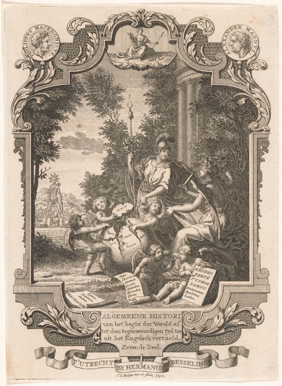Kartuss Görögország történetének allegóriájával Címlap ehhez: Kornelis Westerbaen, Algemeene histori, 1742 alkotó: Jan Caspar Philips