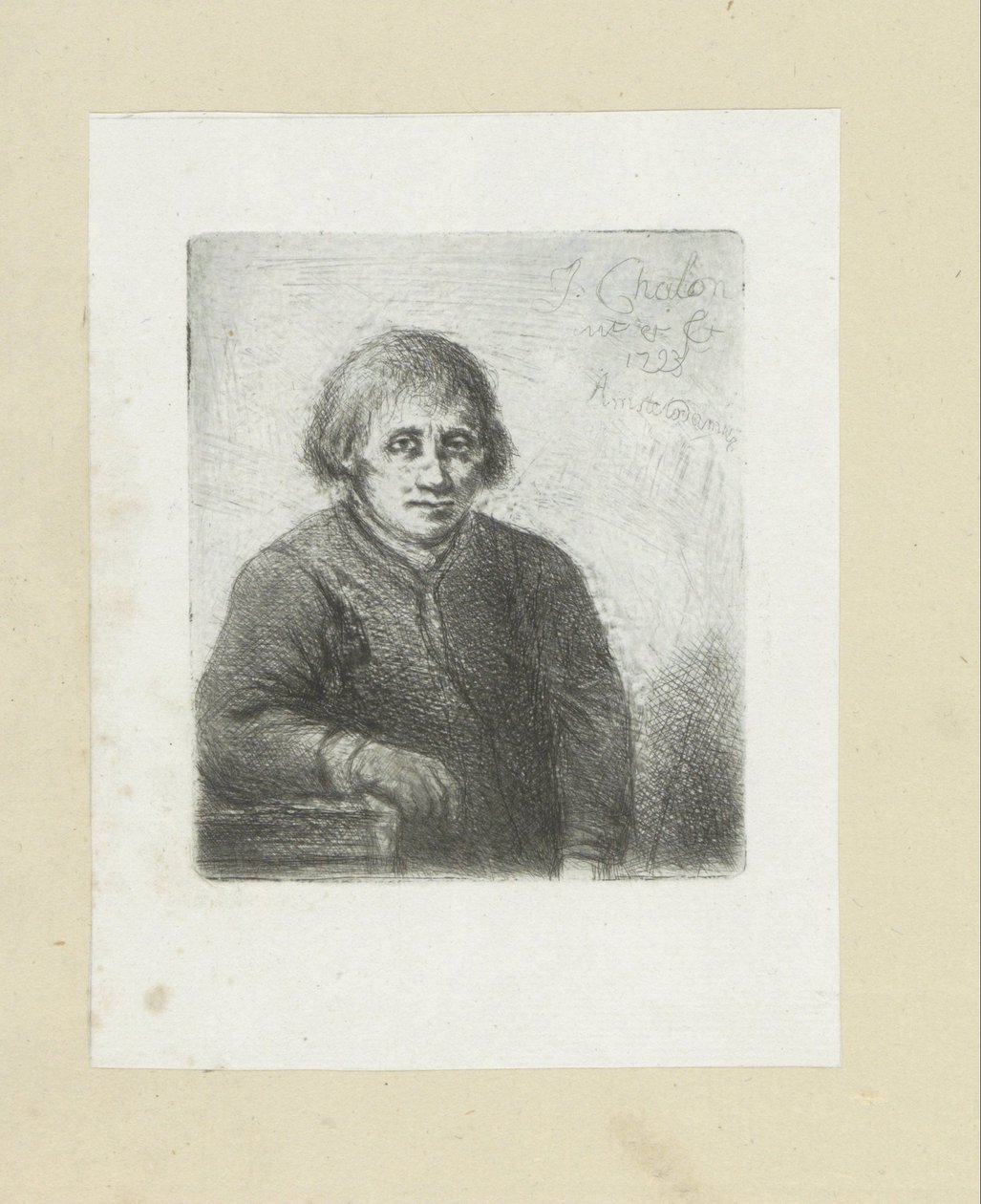 Fiatal férfi egy asztalra támaszkodva John Chalon rézkarcainak teljes munkája / Jean Chalon Complette des Eaux Fortes életműve (sorozat címe) alkotó: Jan Chalon