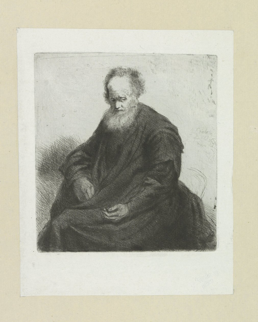 Zittende oude man met lange coat John Chalon rézkarcainak teljes munkája / Jean Chalon Complette des Eaux Fortes életműve (sorozat címe) alkotó: Jan Chalon