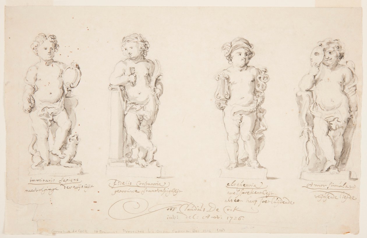 Rajz, projektek szobrokhoz: "Bölcsesség". "Állandóság." "Ékesszólás." "Ámor álruhában.", 1726. alkotó: Jan Claudius de Cock