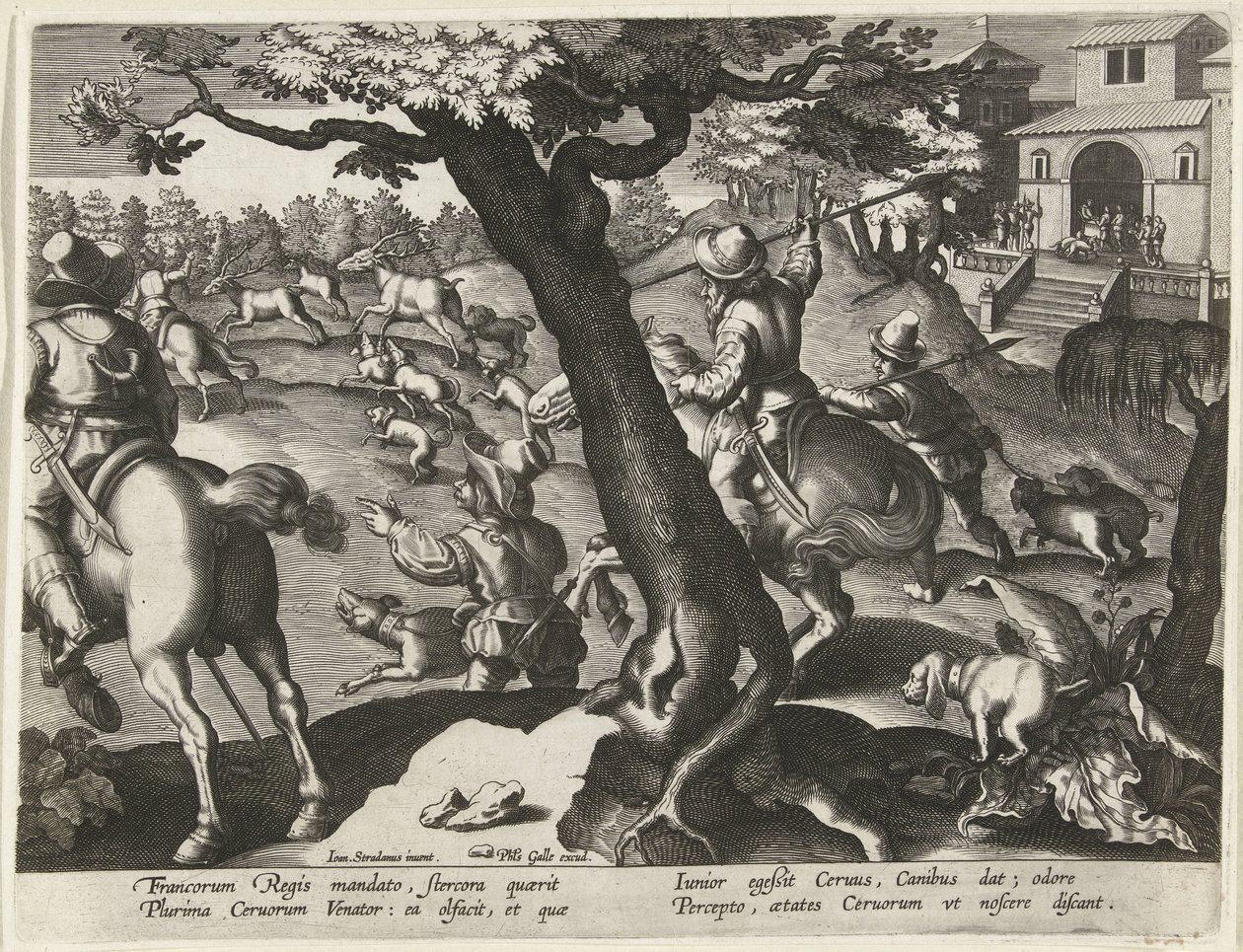 Hertenjacht met honden Jachttaferelen (sorozat címe) Vadra, tyúkra és halra vadászat a Bestiáriumban (sorozat címe) alkotó: Jan Collaert (II) (attributed to)