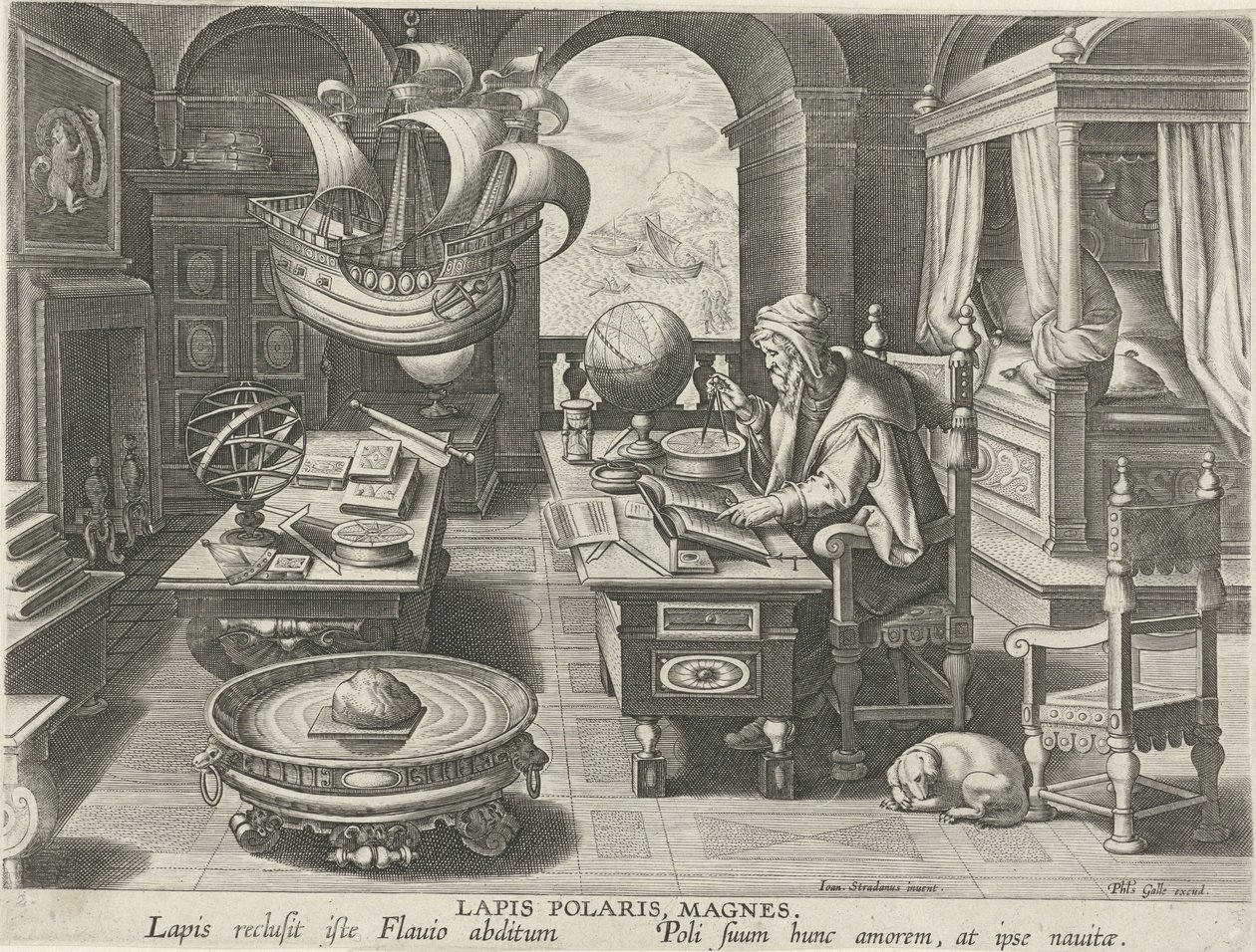 Az iránytű feltalálása Lapis Polaris, Magnes (cím a tárgyon) Új találmányok és felfedezések (sorozat címe) Nova Reperta (sorozat címe) alkotó: Jan Collaert (II) (attributed to)