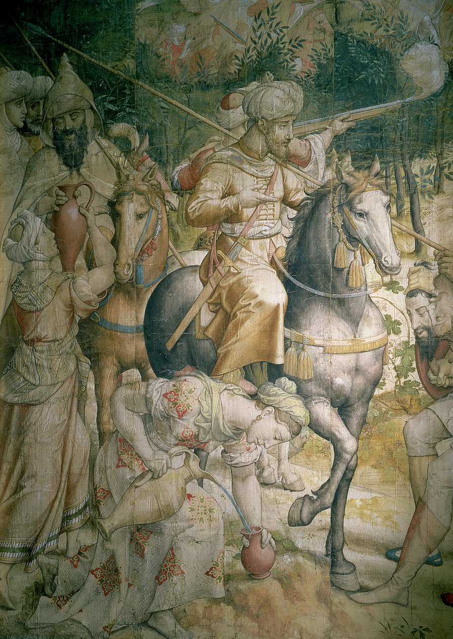 V. Károly császár hadjárata a törökök ellen Tunisznál 1535-ben: a törökök veresége a golettai csatában, szomjúságukat oltó lovas katonák részlete, karikatúra faszénről és wc-ről alkotó: Jan Cornelisz Vermeyen