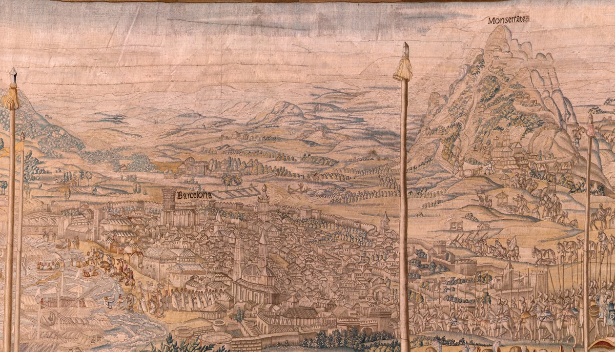 Flamand kárpit. sorozat Tunisz meghódítása; A barcelonai csapatok áttekintése (La revista de las tropas en Barcelona). A sorozat második kárpitja. Jan Vermeyen modell és Pieter Coecke van Aelst. 1543-1548. Gyártás Real Fábrica de Tapices de Sant alkotó: Jan Cornelisz Vermeyen