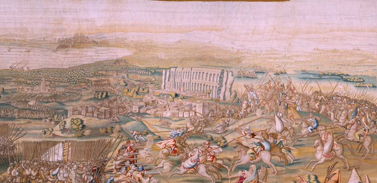 Flamand kárpit. sorozat: Tunisz meghódítása. A támadás La Goleta ellen (Ataque a la Goleta). A sorozat negyedik kárpitja. Jan Vermeyen modell és Pieter Coecke van Aelst. 1543-1548. Gyártás Real Fábrica de Tapices de Santa Bárbara, Madrid alkotó: Jan Cornelisz Vermeyen