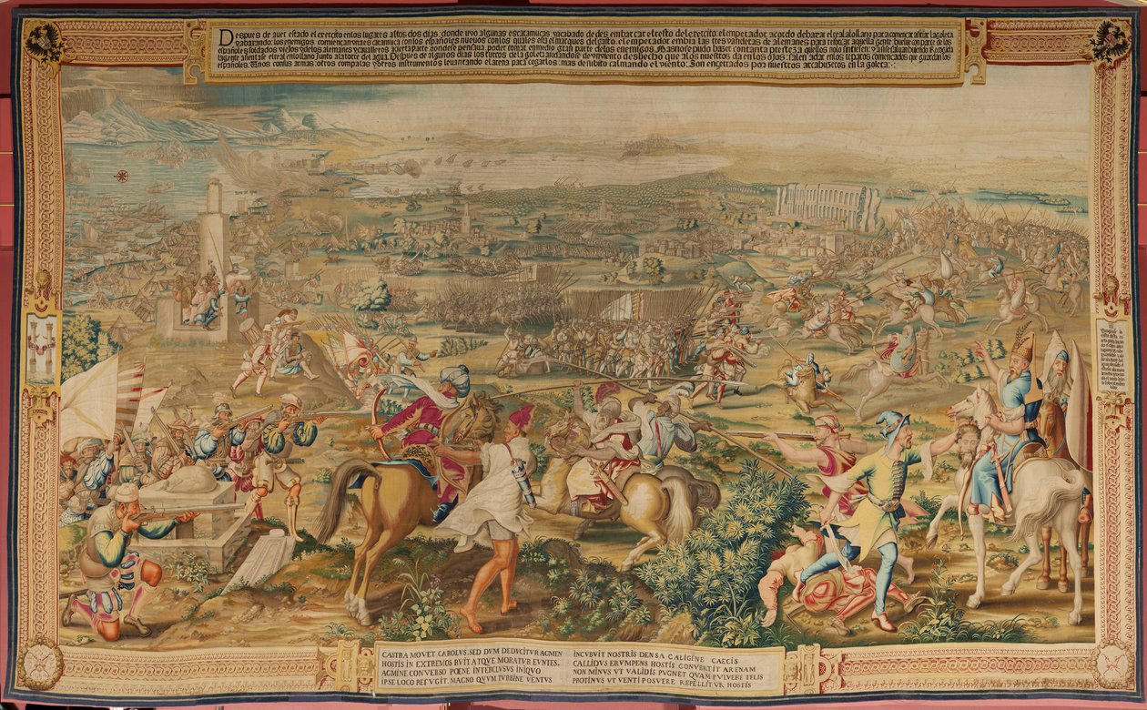 Flamand kárpit. sorozat: Tunisz meghódítása. A támadás La Goleta ellen (Ataque a la Goleta). A sorozat negyedik kárpitja. Jan Vermeyen modell és Pieter Coecke van Aelst. 1543-1548. Gyártás Real Fábrica de Tapices de Santa Bárbara, Madrid alkotó: Jan Cornelisz Vermeyen