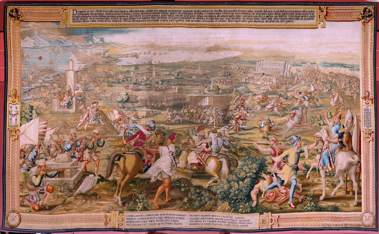 Flamand kárpit. sorozat: Tunisz meghódítása. A támadás La Goleta ellen (Ataque a la Goleta). A sorozat negyedik kárpitja. Jan Vermeyen modell és Pieter Coecke van Aelst. 1543-1548. Gyártás Real Fábrica de Tapices de Santa Bárbara, Madrid alkotó: Jan Cornelisz Vermeyen