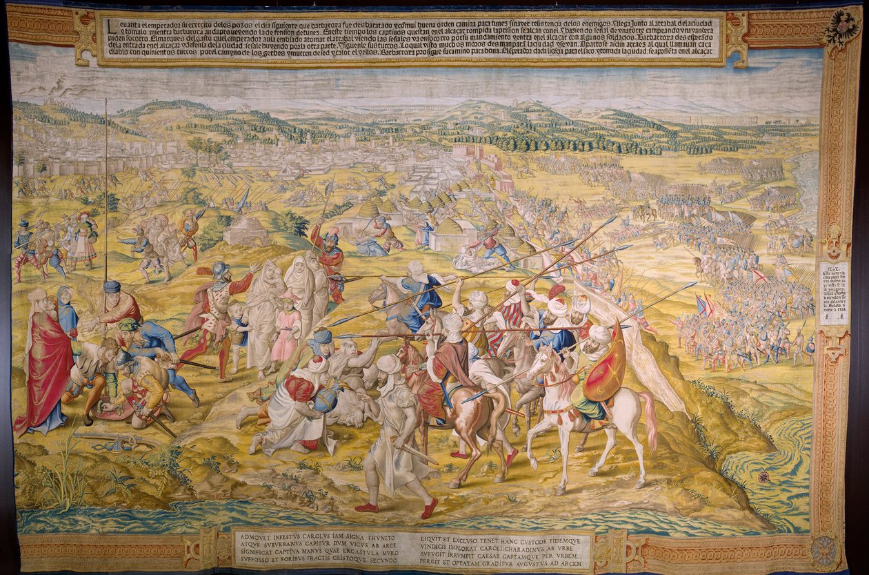 Flamand kárpit. Sorozat Tunisz meghódítása: Tunisz meghódítása. Jan Cornelisz Vermeyen karikaturista. Willem de Pannemaker stúdió, Brüsszel. 1545 körül. alkotó: Jan Cornelisz Vermeyen