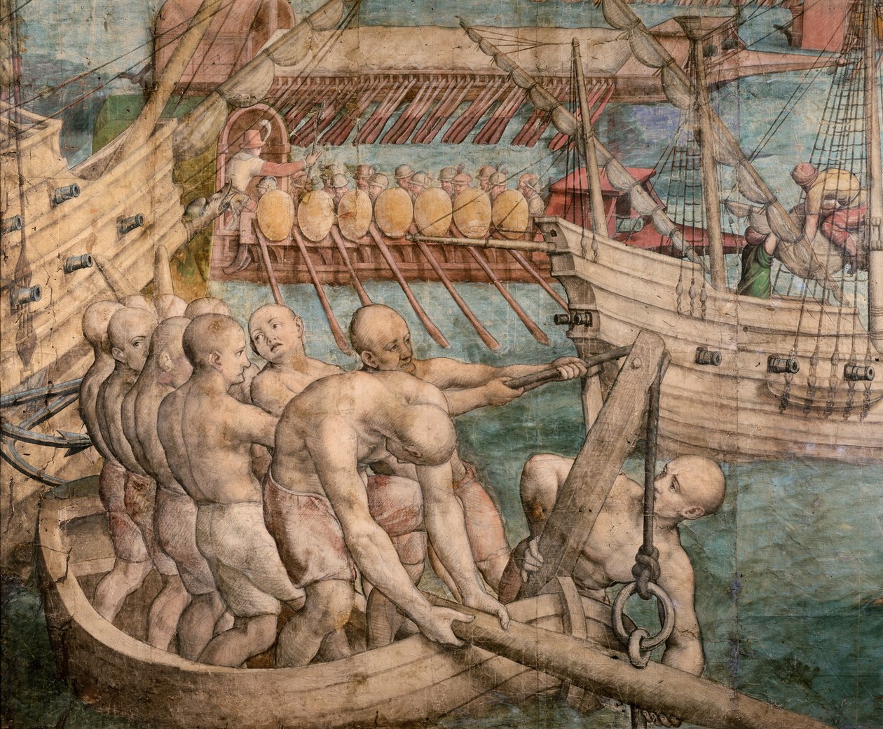 Gálya rabszolgák. Részlet innen: V. Károly császár elfogja Tunisz gobelin rajzfilm, c. 1548. alkotó: Jan Cornelisz. Vermeyen