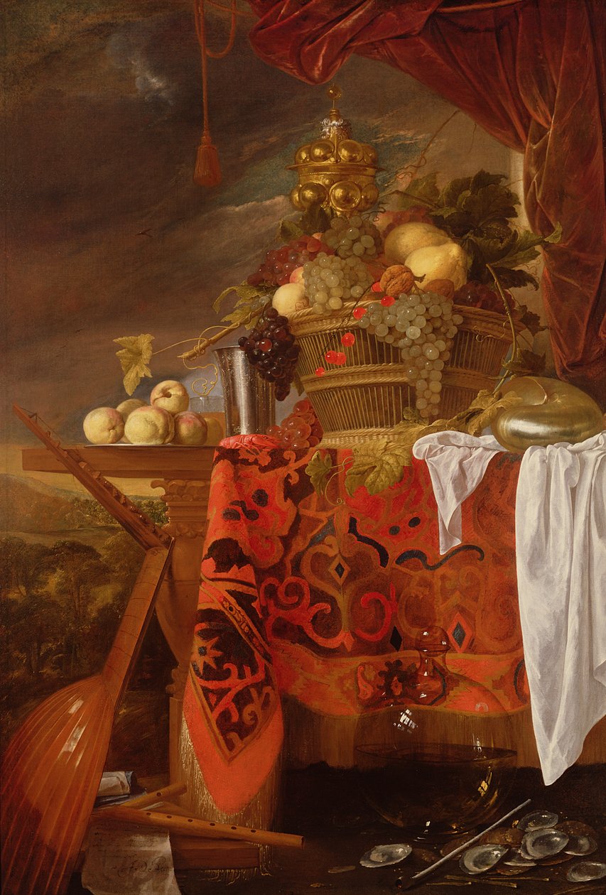 Egy kosár vegyes gyümölccsel aranyozott csészével, ezüst kehely, Nautilus, üveg és őszibarack tányéron alkotó: Jan Davidsz de Heem