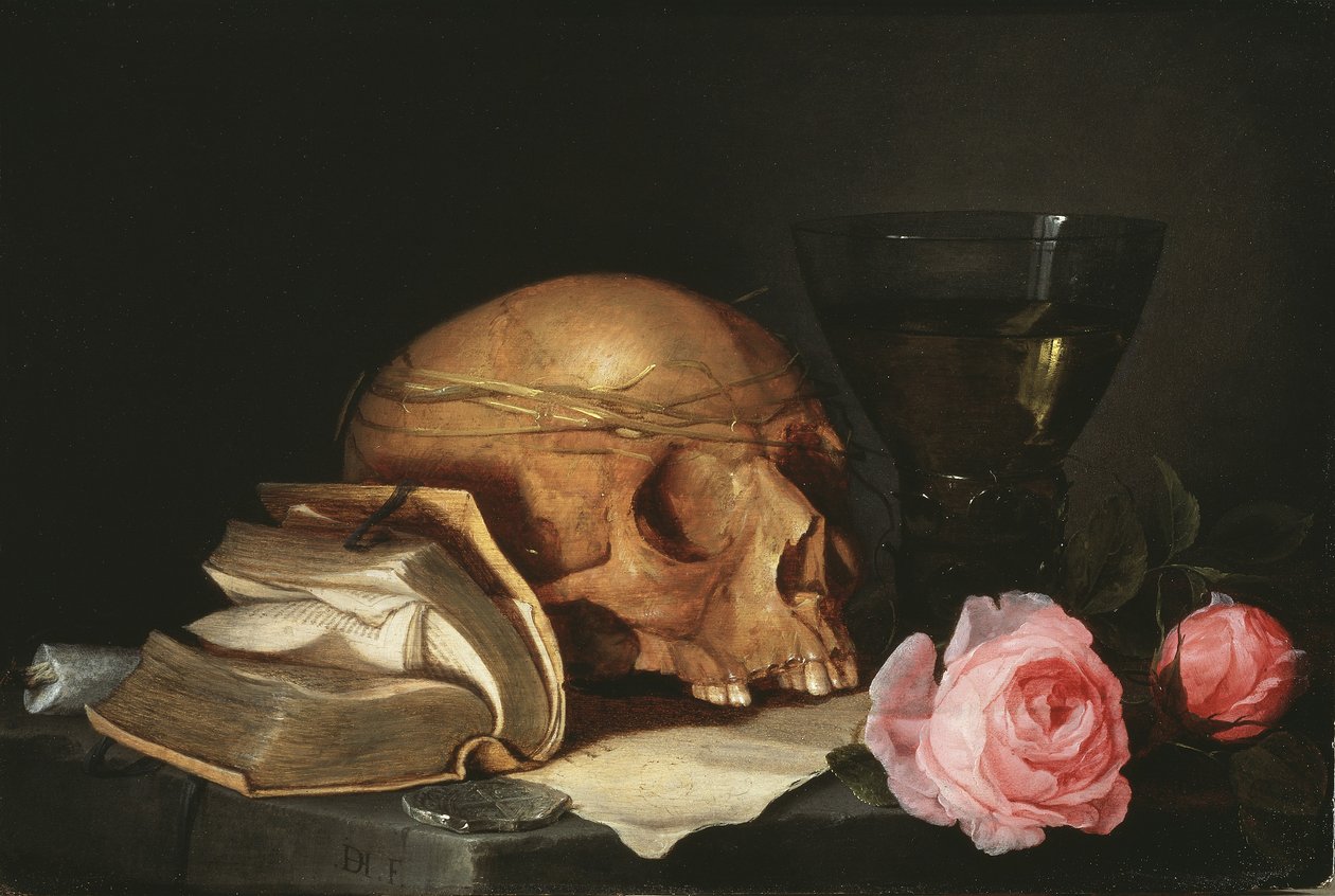 Vanitas-csendélet koponyával, könyvvel és rózsákkal, 1630 körül alkotó: Jan Davidsz de Heem