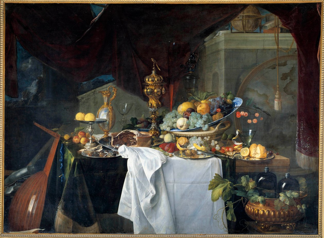 Hangszeres edényekkel borított csendélet asztali desszert. Jan David Heem (1606-1684) festménye 1640 V. 1,49x2,03 m alkotó: Jan Davidsz de Heem