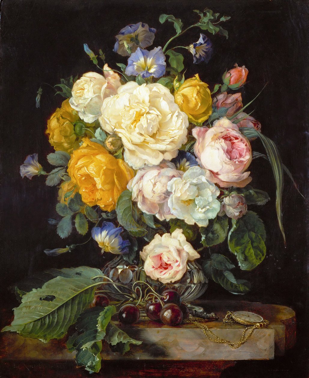Barokk: Csendélet bazsarózsával, cseresznyével és zsebórával - Csendélet bazsarózsával, cseresznyével és zsebórával, Heem, Jan Davidsz. (1606-1684) alkotó: Jan Davidsz de Heem