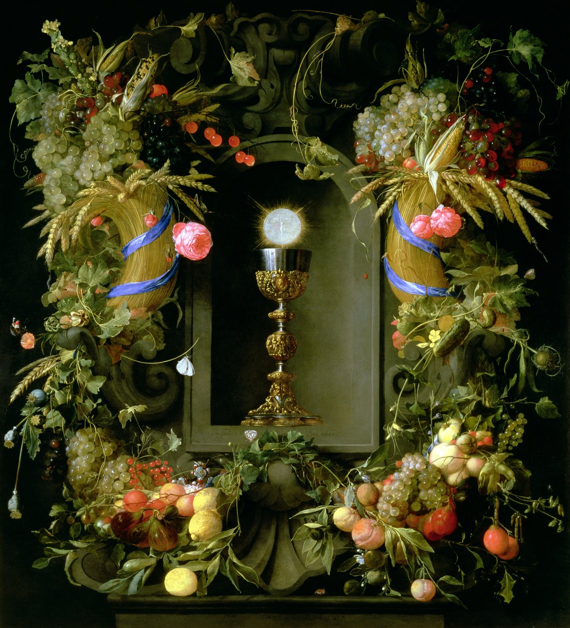 Áldozópohár és házigazda, gyümölcsfüzérrel körülvéve alkotó: Jan Davidsz de Heem