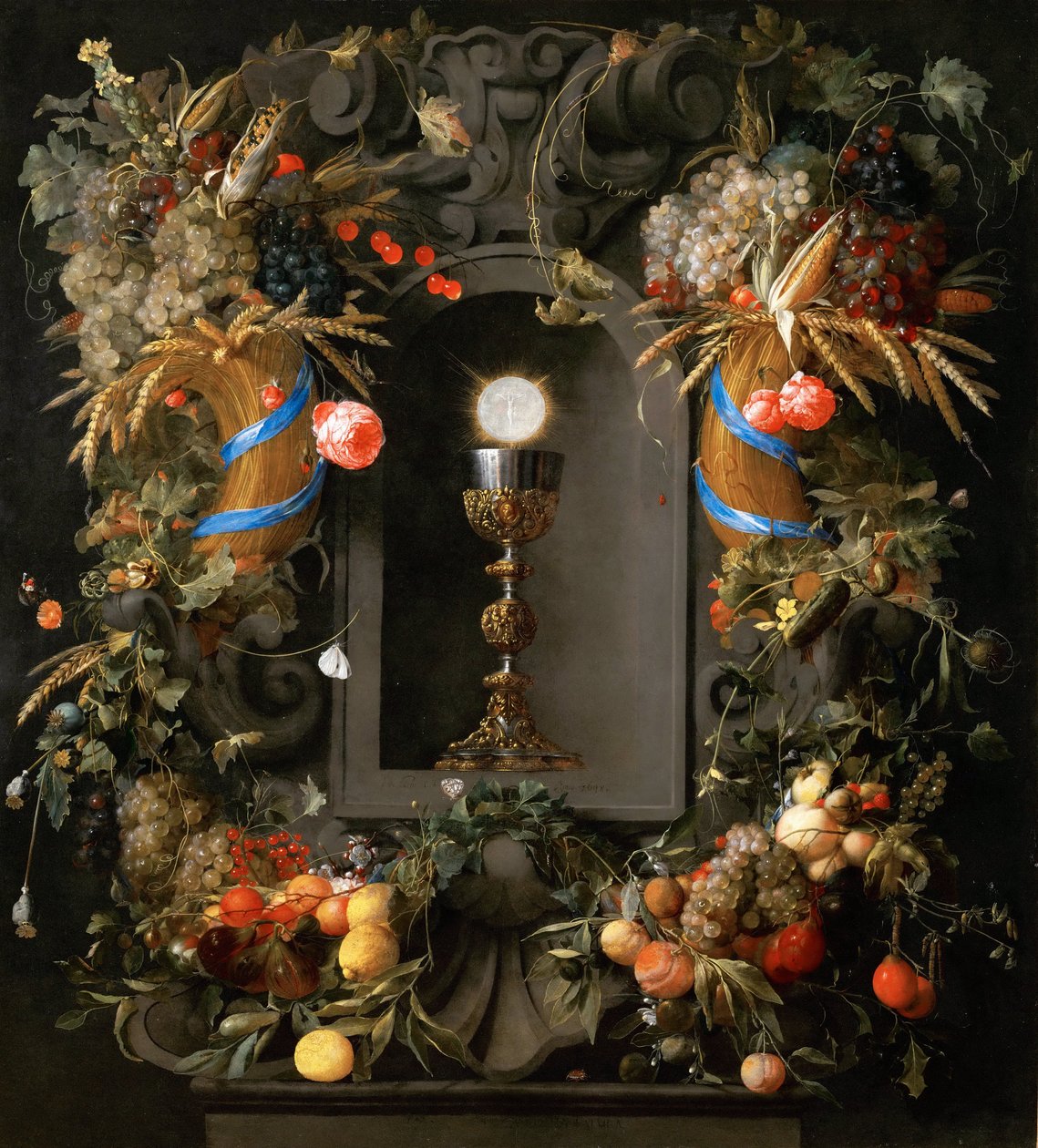 Eucharisztia gyümölcskoszorúban - Jan Davidsz. de Heem (1606-1684). Olajfestmény alkotó: Jan Davidsz de Heem