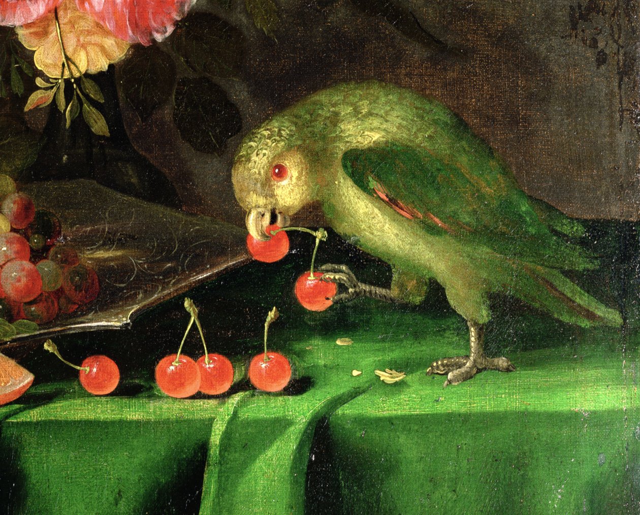 Gyümölcs- és virágcsendélet, egy papagáj részlete, olaj, vászon, 100411 részlet alkotó: Jan Davidsz de Heem