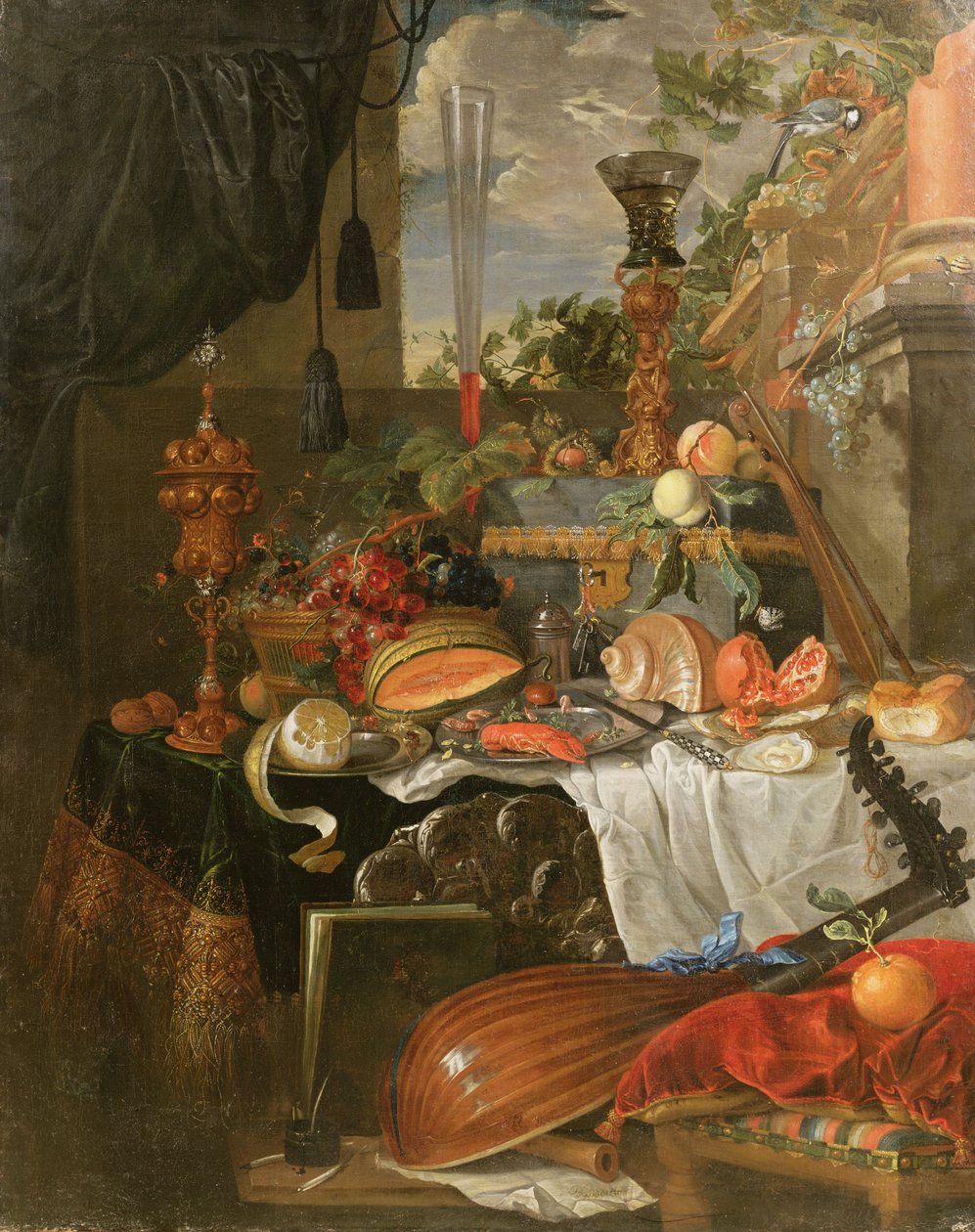 Élelmiszer és hangszerek csendélete alkotó: Jan Davidsz de Heem