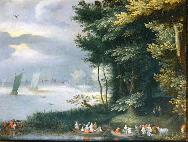 Egy tó partja evezős csónakokban felszálló alakokkal (olaj, vászon) alkotó: Jan Frans van Bredael