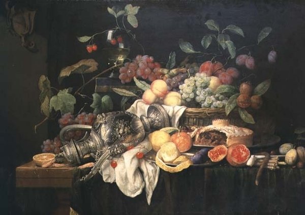Csendélet ónos zászlóval, darált pitével és gyümölccsel alkotó: Jan Frans van Son