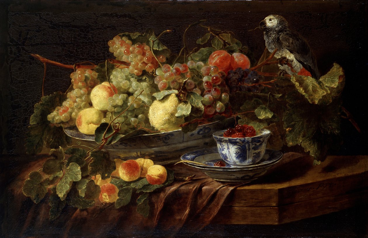 Csendélet gyümölccsel és papagájjal, 1645. alkotó: Jan Fyt