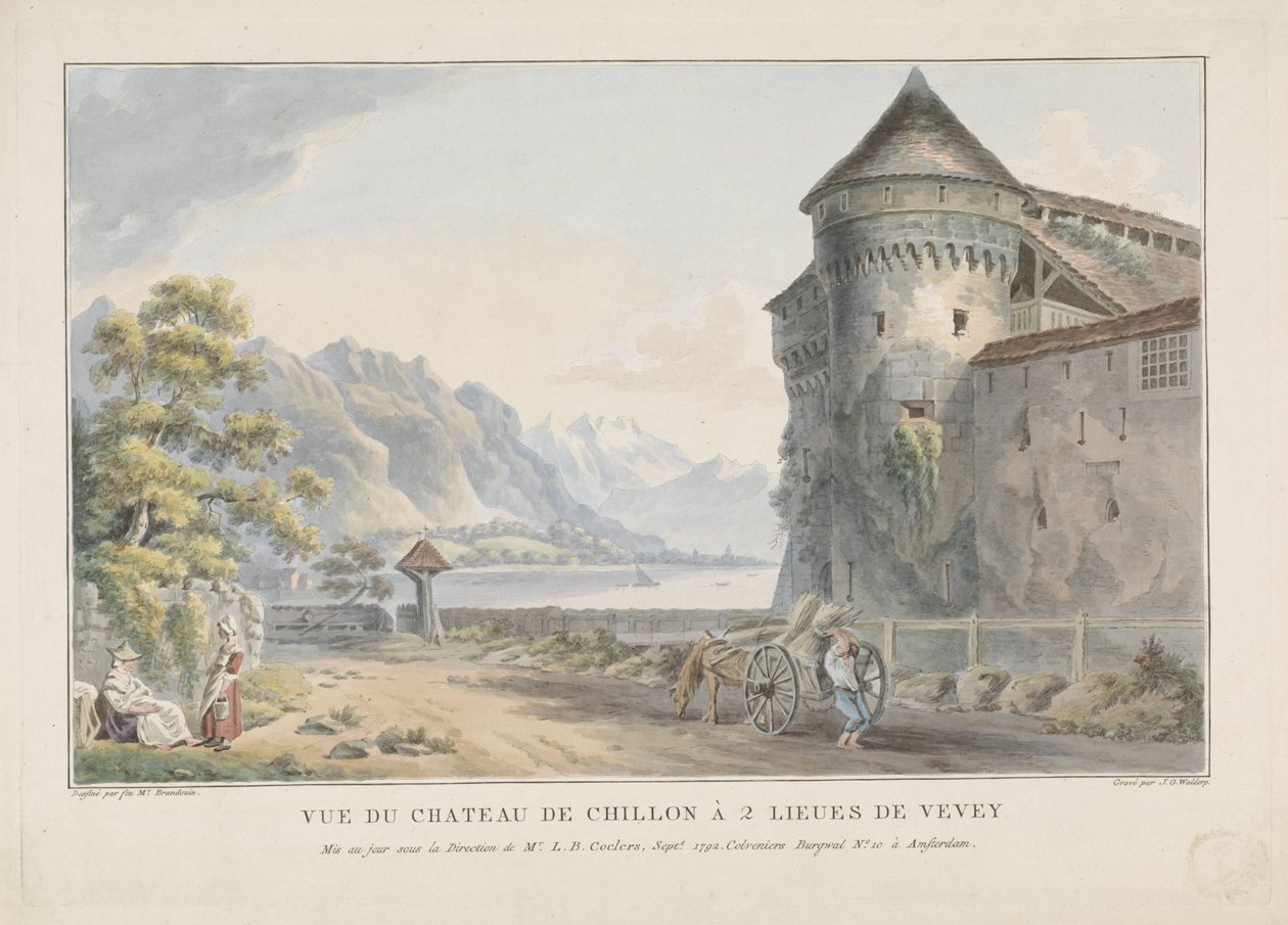 Kilátás a Chillon kasteel kastélyra Vue du Chateau de Chillon à 2 lieues de Vevey (cím a tárgyon) alkotó: Jan Gerard Waldorp