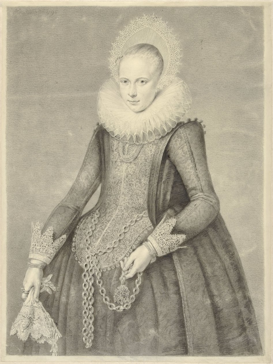 Női portré kesztyűvel, nyaklánccal, bezoárkő tartóval (?) alkotó: Jan Gerard Waldorp