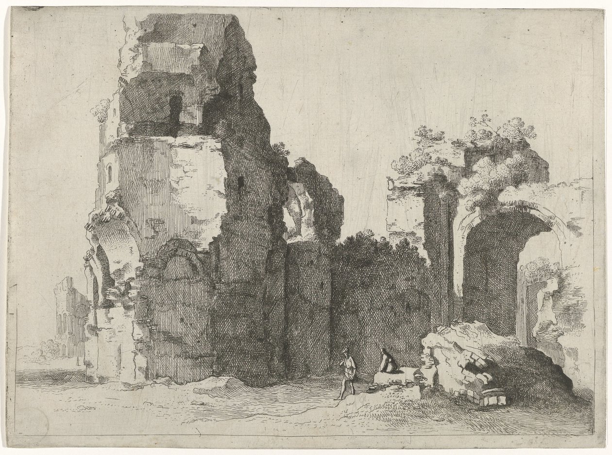 Római romok két figurával alkotó: Jan Gerritsz. van Bronckhorst