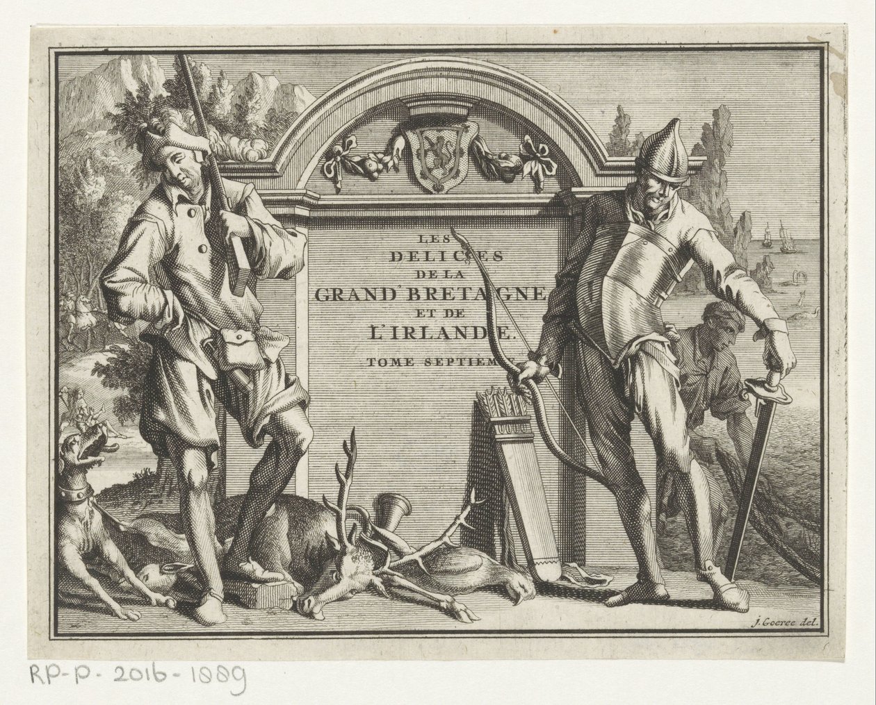 Twee jagers építészeti környezethez Címlap: James Beeverell, Nagy-Britannia és Írország gyönyörei, hetedik kötet, 1707 alkotó: Jan Goeree (possibly)