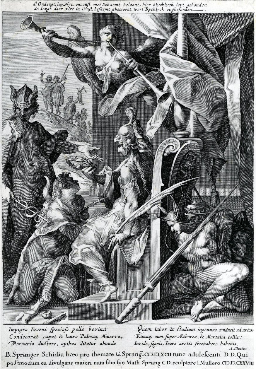 Mercury és Minerva felkarol egy hőst bikabőrrel és babérkoszorúval, 1604 alkotó: Jan Harmensz Muller
