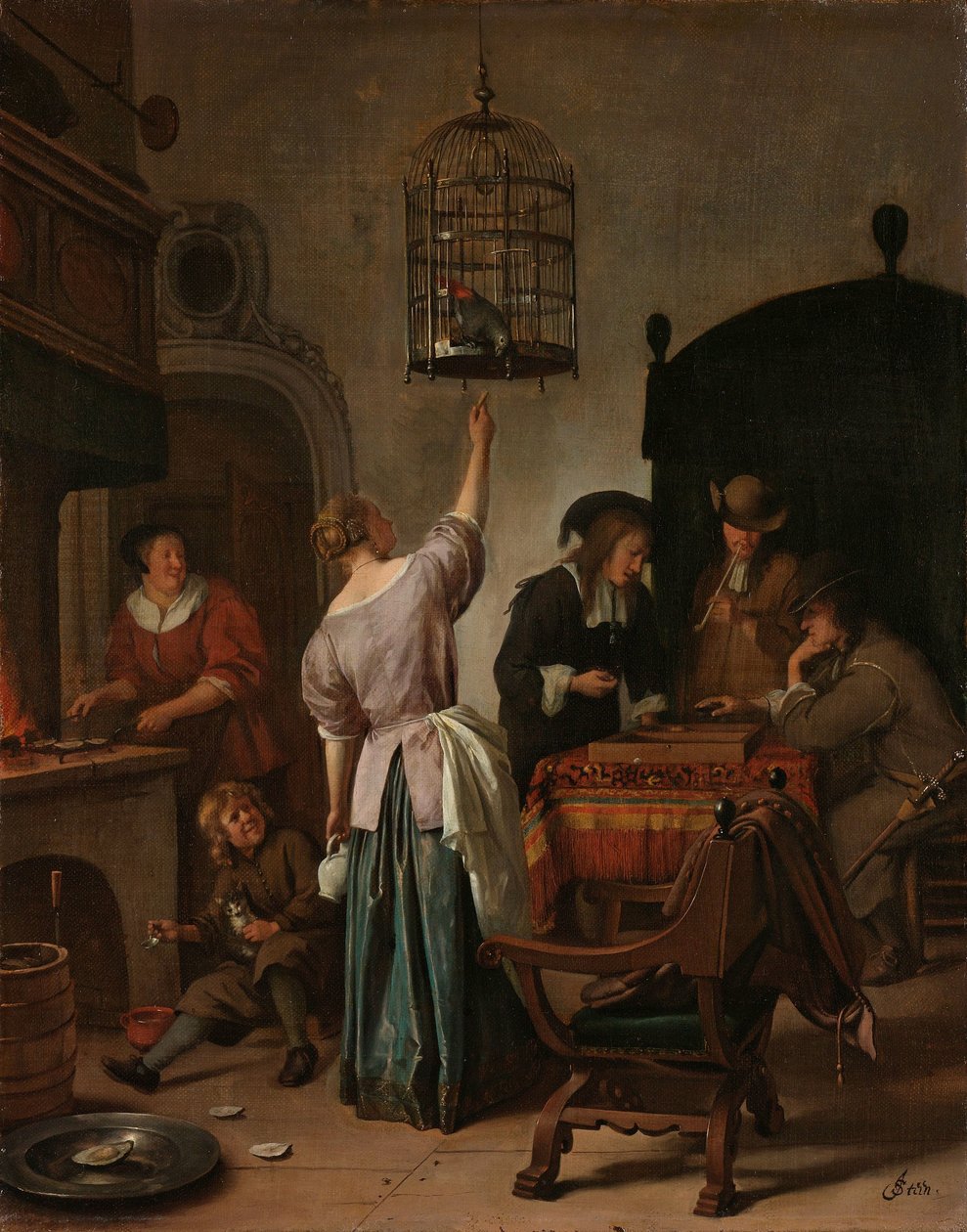 Belső egy papagájt etető nővel, „a papagájketrecként” Belső egy papagájt etető nővel alkotó: Jan Havicksz. Steen