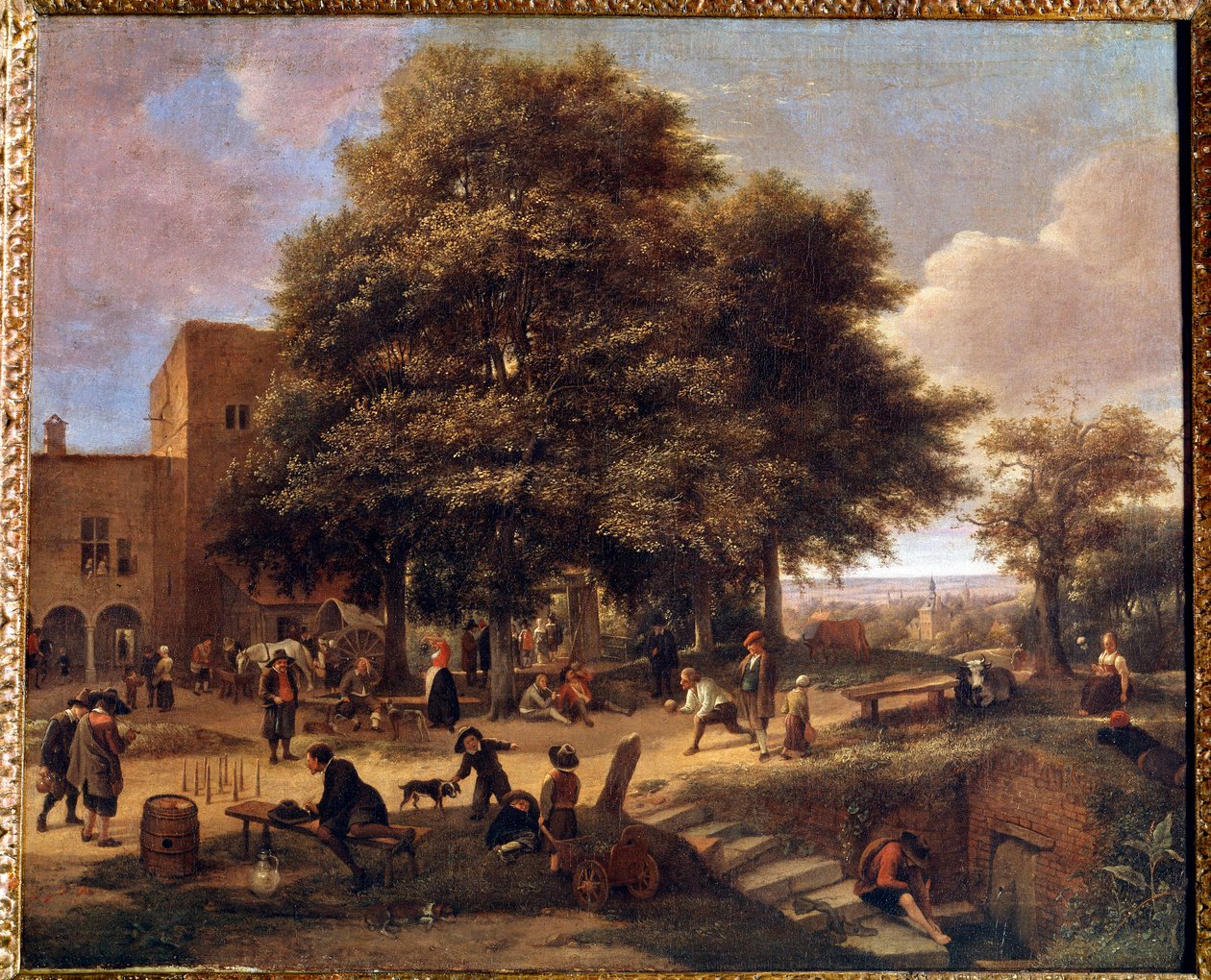 A bowling egy tanya udvarán játszó és pihenő parasztok csoportja. Jan Steen (1626-1679) festménye alkotó: Jan Havicksz. Steen