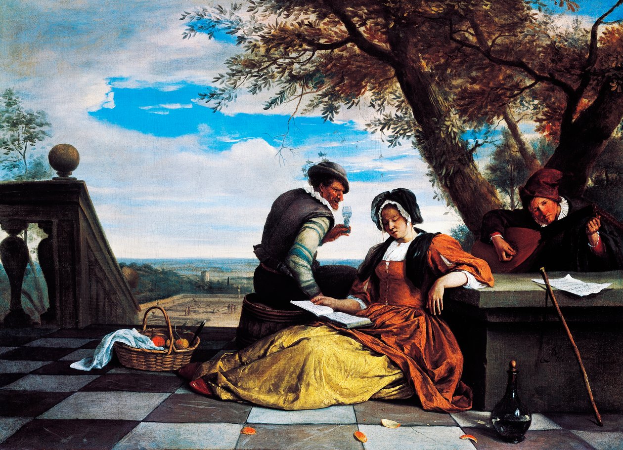 Két férfi és fiatal nő zenél a teraszon alkotó: Jan Havicksz. Steen
