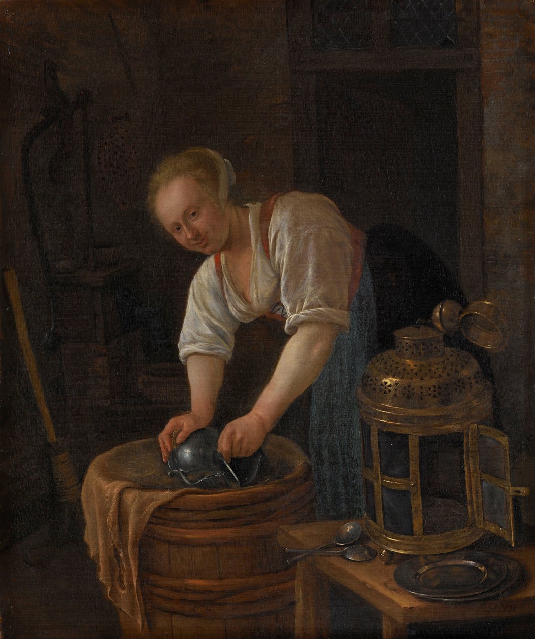 Fémtárgyakat súroló nő alkotó: Jan Havicksz. Steen