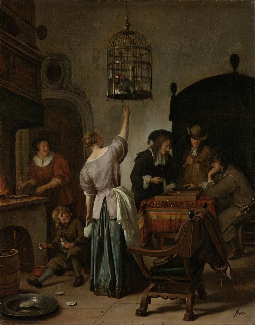 Belső egy papagájt etető nővel, „a papagájketrec” néven, 1660-70 körül (olaj, vászon a panelen) alkotó: Jan Havickszoon Steen