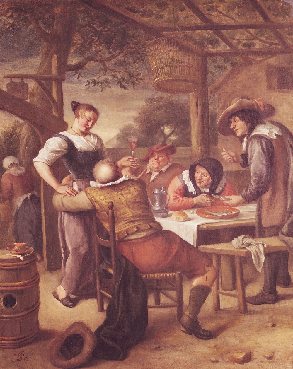 Örömteli társaság egy kiságy alatt alkotó: Jan Havickszoon Steen