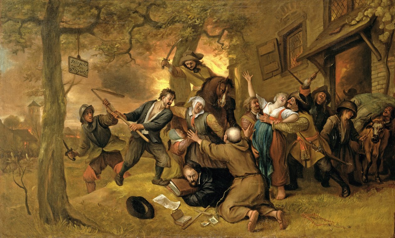 Parasztok és katonák egy kocsmán kívül – Hollandia megerőszakolásának allegóriája alkotó: Jan Havickszoon Steen