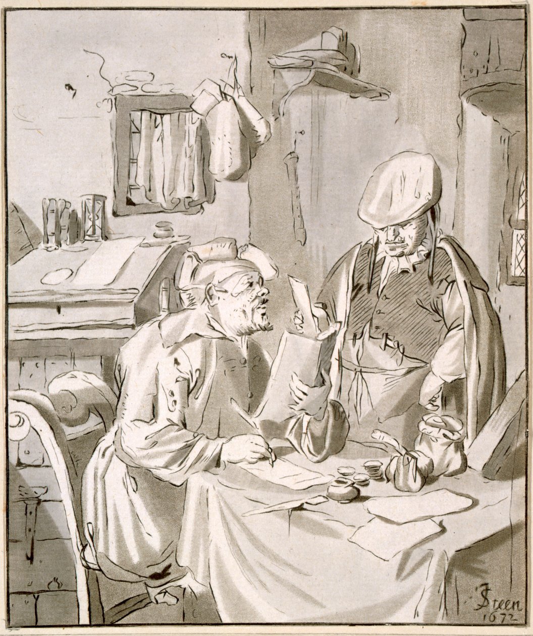 Két férfi pénzről beszélget egy irodában, 1672, Cornelis Ploos van Amstel (1726-98) vagy Christian Josi (1765-1828 körül) alkotó: Jan Havickszoon Steen