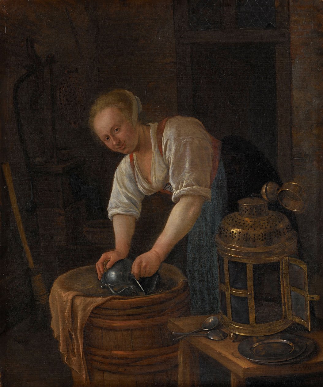Fémtárgyakat súroló nő, 1650-60 alkotó: Jan Havickszoon Steen
