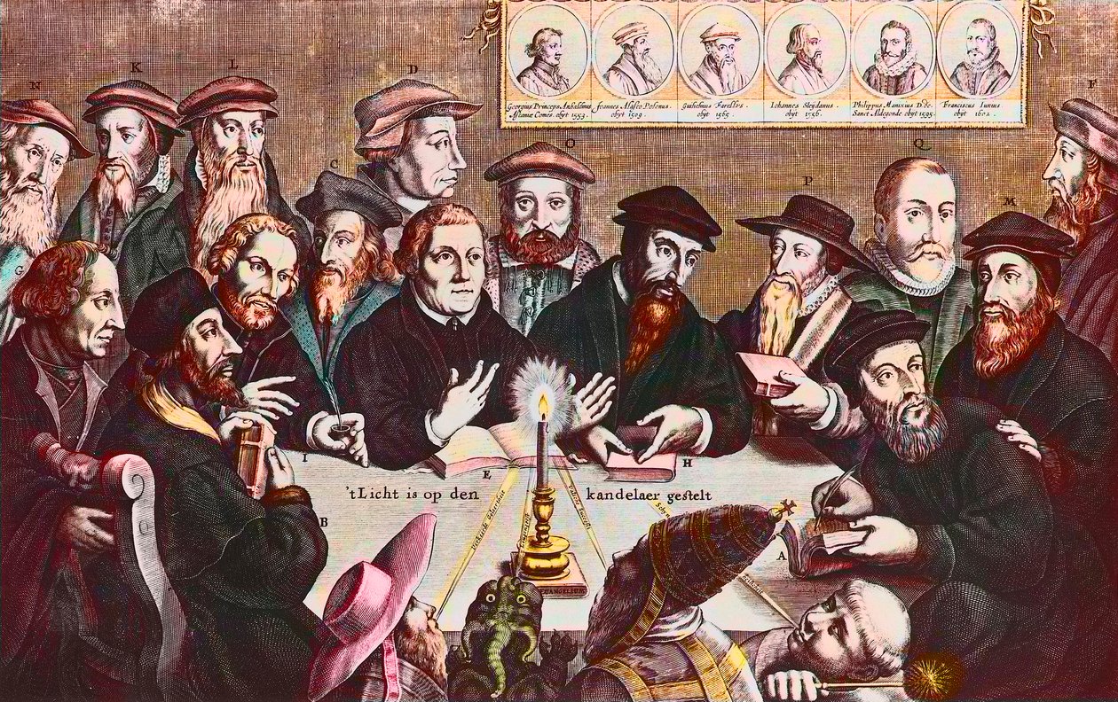 A fényt a gyertyatartóra helyezik - Jan HOUWENS metszete, amely a reformátorokat mutatja - John Calvin és Martin Luther Reformista vezetők képzeletbeli találkozója: John Wyclif (vagy Wycliff vagy Wycliffe alkotó: Jan Houwens