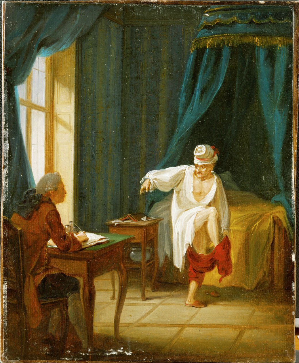 Voltaire hálóingben, nadrágot húz, miközben a titkárnőjének diktál, a franciaországi Fernet-i otthonában... (olaj, papír, kartonra ragasztva) alkotó: Jan Huber