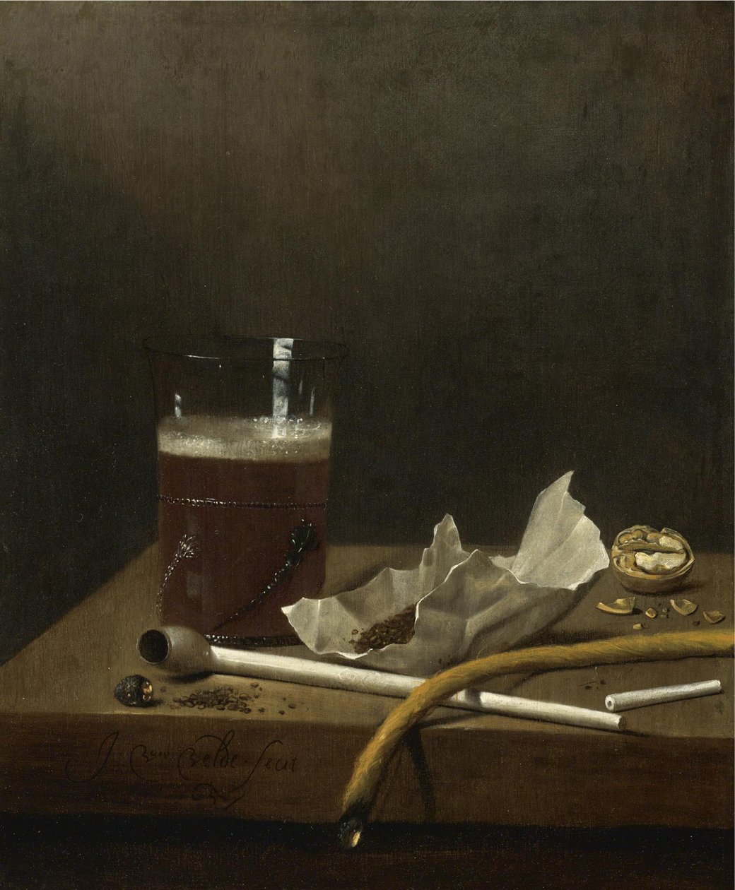 Csendélet egy pohár sörrel, pipával, dohánnyal és a dohányzás egyéb kellékeivel, 1658 alkotó: Jan III van de Velde