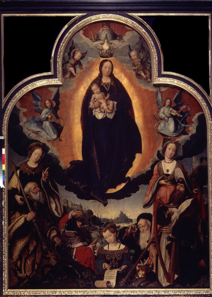 "La Vierge en Gloire" (A Szűz megdicsőülése) A Szűzet és Jézus Krisztust körülvevő szereplők közül: Dávid király hárfán játszik, Augustus római császár (Caius Julius Caesar Octavianus Augustus) (Kr. e. 63-14), próféták alkotó: Jan II Provost
