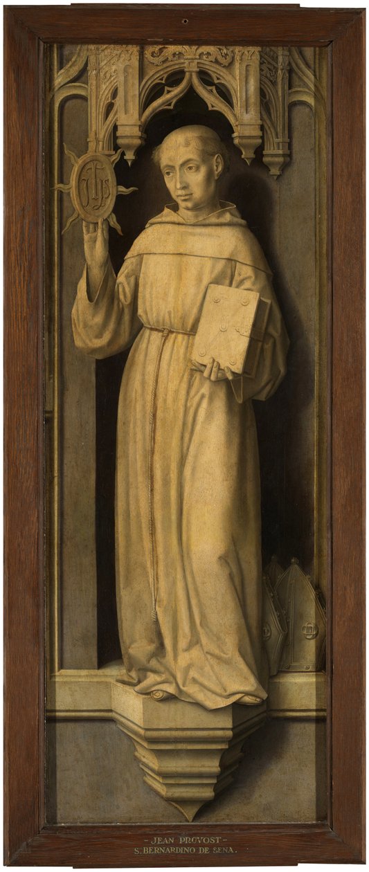""Sienai Szent Bernardino (1380-1444)" (Sienai Szent Bernardino) Jan Provost (Provoost) festménye (1465-1529) - c 1510 - Olaj, fa Mérete 123x45 cm Museo del Prado, Madrid alkotó: Jan II Provost