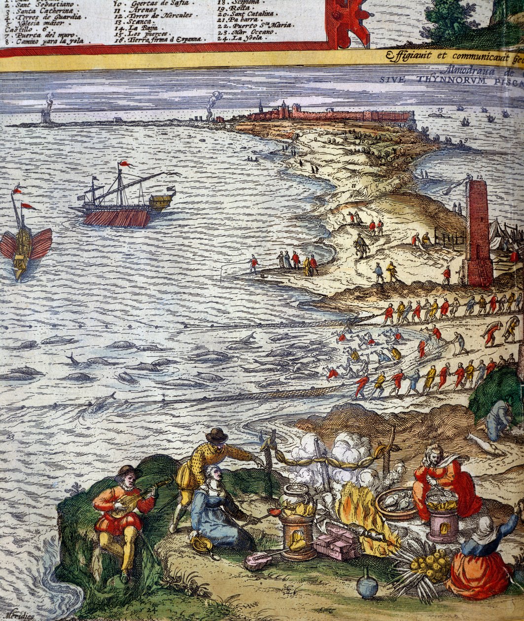 Halászati jelenet és hal előkészítése Cadiz kikötővárosában alkotó: Jan Janssonius
